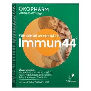 Verpackung von OKOPHARM Immun44, einem Nahrungsergänzungsmittel zur Stärkung der Abwehrkräfte, mit bunten Grafiken und Informationen zu Inhaltsstoffen.