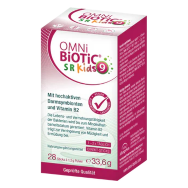 Verpackung von OMNiBiOTiC SR Kids 9, einem Nahrungsergänzungsmittel mit Darmsymbionten und Vitamin B2 in einer stabilen Box.