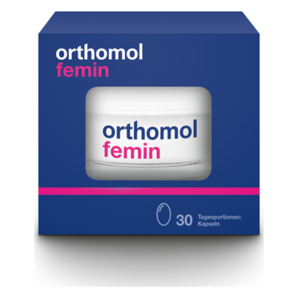 Blaues Verpackungsdesign von Orthomol Feminin mit sichtbarem Inhalt und der Angabe von 30 Tagesportionen Kapseln.