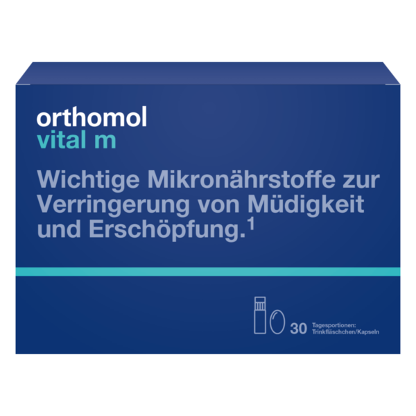 Verpackung von Orthomol Vital M, einem Nahrungsergänzungsmittel zur Verringerung von Müdigkeit und Erschöpfung.