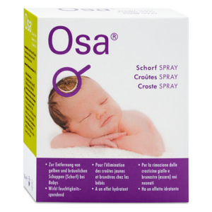 Packung des Osa Sprays zur Entfernung von Schuppen bei Babys, mit einem schlafenden Baby auf der Vorderseite.
