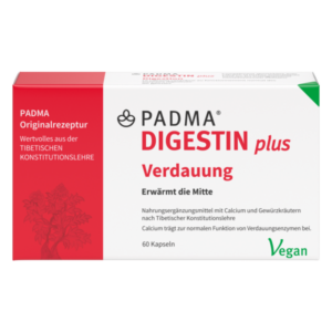 Packung von PADMA DIGESTIN plus mit Fokus auf Verdauung, vegan und Nährstoffe aus tibetischer Kräuterkunde.