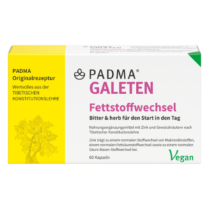 Verpackung des Nahrungsergänzungsmittels PADMA Galeten Fettstoffwechsel mit Informationen zu Inhalt und Anwendung.