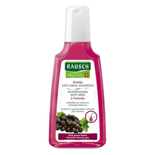 Rausch Aronia Anti-Grau Shampoo in einer flachen Flasche mit pinkem Design, unterstützt natürliche Haarpigmentierung.