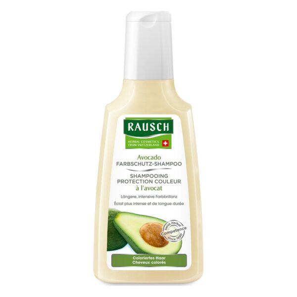 Flasche mit Rausch Avocado Farbschutz-Shampoo, cremige Verpackung mit grünem Etikett und Abbildung einer Avocado.
