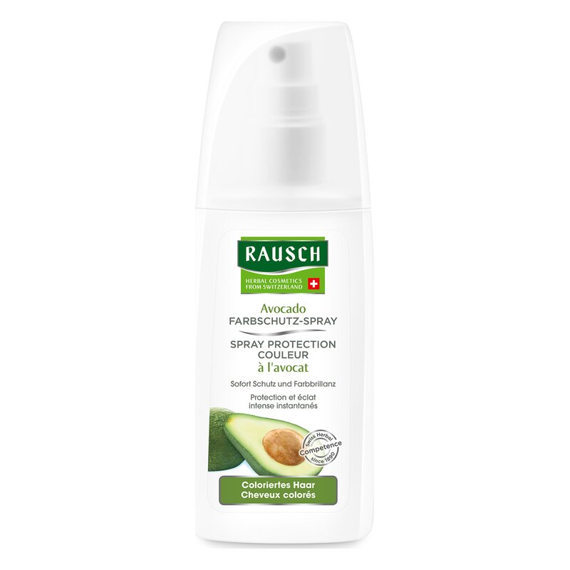 Avocado-Farbschutzspray in einem weißen Pumpbehälter mit grüner Beschriftung und Avocado-Abbildung.