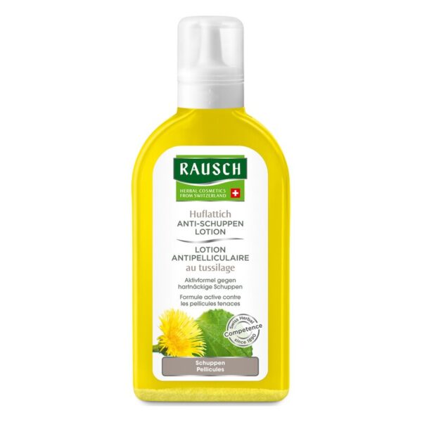 Flasche mit Rausch Huflattich Anti-Schuppen Lotion, gelbe Verpackung, mit floralem Motiv und Produktinformationen.