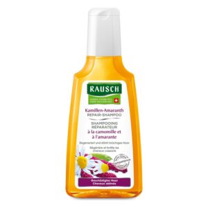 Flasche mit Kamillen-Amaranth Repair-Shampoo von Rausch, für geschädigtes Haar, gelbe Verpackung mit grünen und weißen Etiketten.