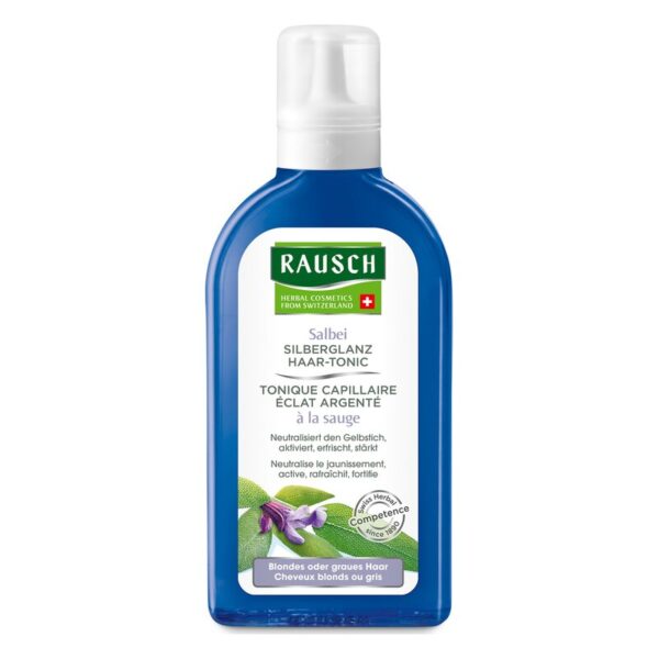 Flasche mit Salbei Silberglanz Haar-Tonic von Rausch, blau mit weißen Schriftzügen und einem Pflanzenmotiv.