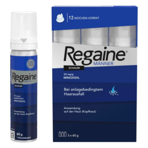 Verpackung von Regaine für Männer, enthält Schaum mit 50 mg/g Minoxidil zur Behandlung von Haarausfall. 12 Wochen Vorrat.
