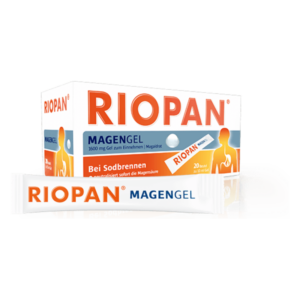 Packung mit RIOPAN Magengel zur Behandlung von Sodbrennen, einschließlich einer Einzelportion.