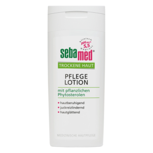 Tube mit Sebamed Pflege Lotion für trockene Haut, enthält pflanzliche Phytosterole, hautberuhigend und juckreizlindernd.