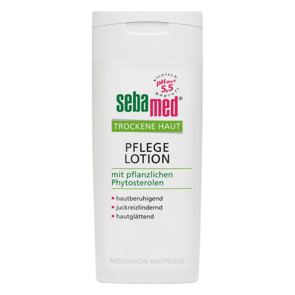 Tube mit Sebamed Pflege Lotion für trockene Haut, enthält pflanzliche Phytosterole, hautberuhigend und juckreizlindernd.