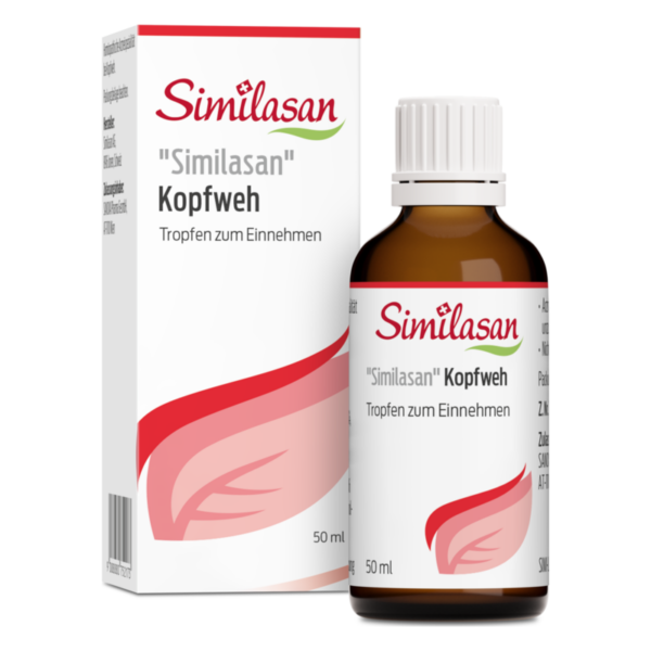 Flasche mit 'Similasan Kopfweh' Tropfen und Verpackung für die Einnahme.
