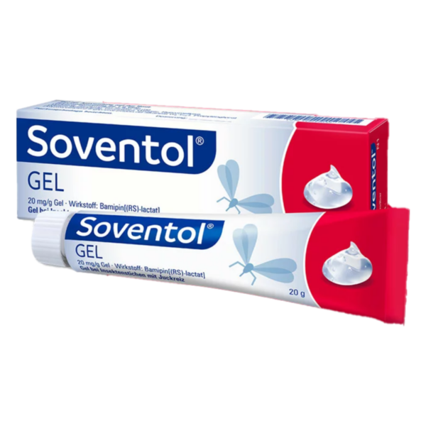 Soventol Gel in einer Tube und Verpackung, Anwendung bei Insektenstichen mit weißen und roten Farben.