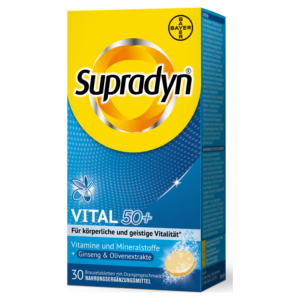 Supradyn Vital 50+ Packung mit gelber und blauer Gestaltung, enthält Brausetabletten mit Orangengeschmack und Vitaminen.