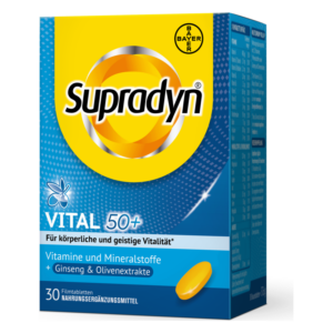 Verpackung von Supradyn Vital 50+, enthalten Vitamine, Mineralstoffe und Ginseng. Gelbe Filmtablette sichtbar auf der Box.