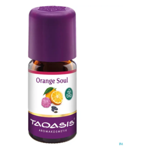 Flasche mit ätherischem Öl "Orange Soul", Bio-Label und lila Verschluss, mit Zitrusfrüchten abgebildet.