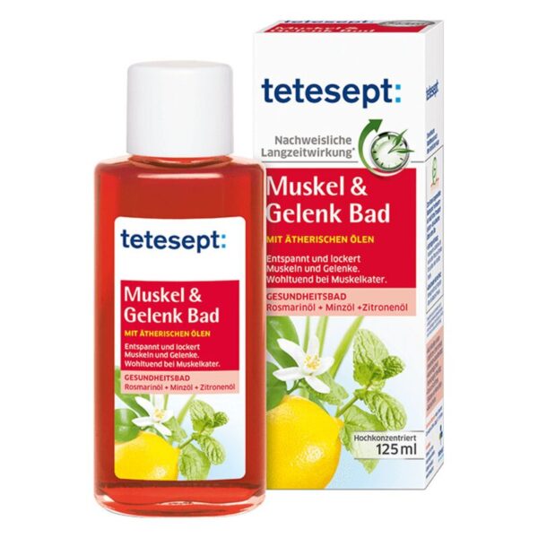 Flasche mit roten Inhalt für Muskel- und Gelenkbad, verpackt in einer beschrifteten Schachtel mit Pflanzenmotiven.