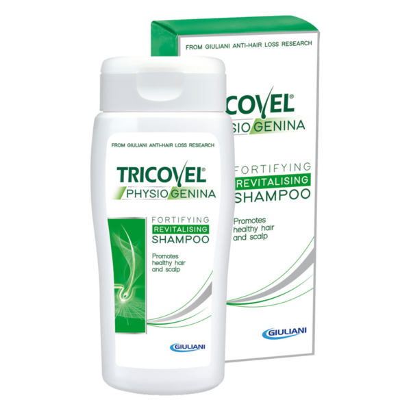 Flasche mit fortifizierendem revitalisierenden Shampoo von Tricovel, verpackt in einer grünen und weißen Box.