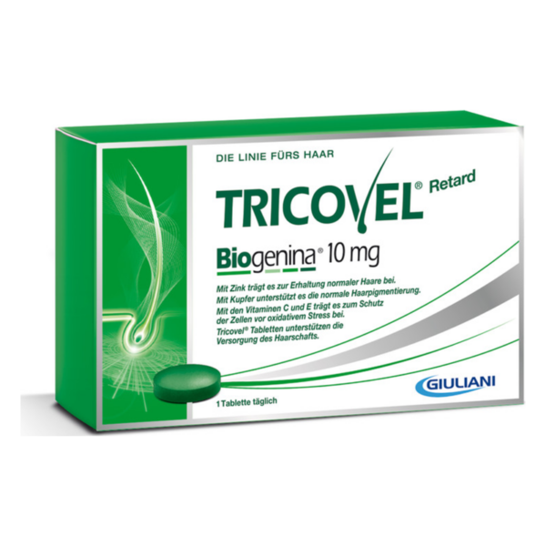 Packung Tricovel Retard mit Biogenina, 10 mg, zur Unterstützung normaler Haare, mit grüner Tablette.