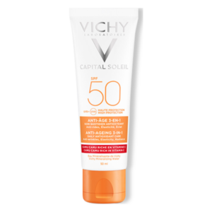 Sonnenschutzcreme in einer schlanken, weißen Tube mit orangefarbenen Akzenten und SPF 50 Aufdruck.