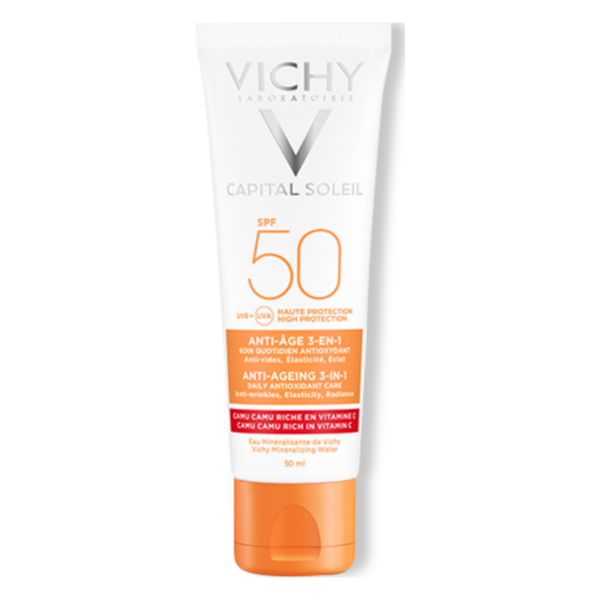 Sonnenschutzcreme in einer schlanken, weißen Tube mit orangefarbenen Akzenten und SPF 50 Aufdruck.