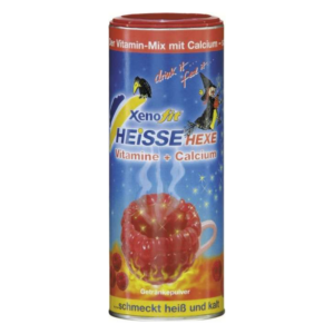 Runde Dose mit roter Tasse, gefüllt mit einem dampfenden Getränkepulver, fröhliche Gestaltung.