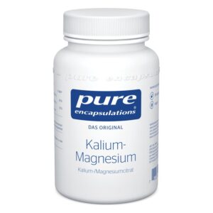 Behälter mit Kalium-Magnesium in Pulverform, weiß mit blauer Beschriftung, kindersicherer Verschluss.