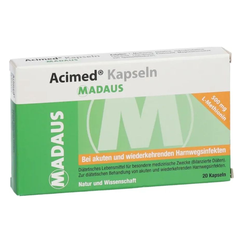 Verpackung von Acimed Kapseln, 20 Stück, zur Behandlung von Harnwegsinfekten, grüne und orange Box.