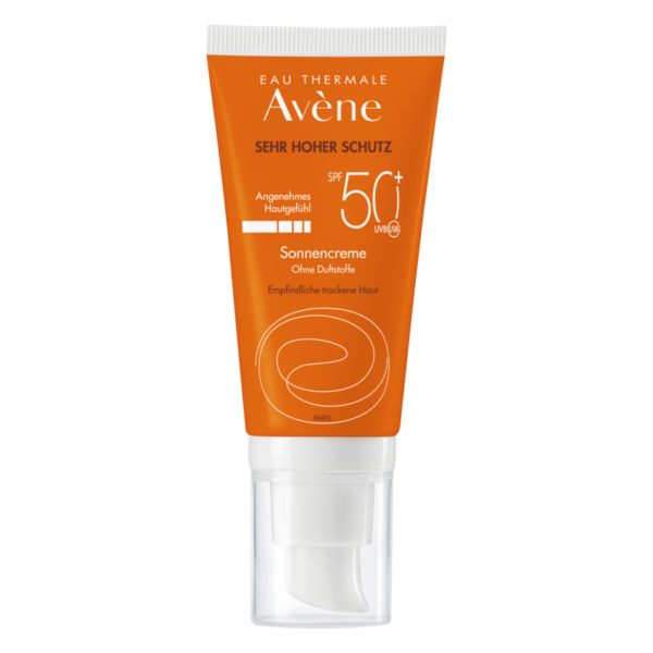 Sonnencreme von Avène in einer orangenen Tube mit sehr hohem Lichtschutzfaktor 50+, ohne Duftstoffe. Für empfindliche, trockene Haut.