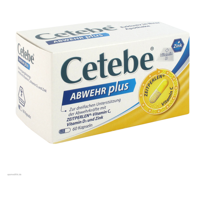 Verpackung von Cetebe ABWEHR plus, die 60 Kapseln zur Unterstützung der Abwehrkräfte mit Vitaminen enthält.