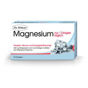 Packung mit Magnesiumtabletten von Dr. Böhm, Hinweis auf tägliche Einnahme und Vorteile für Muskeln und Nerven.