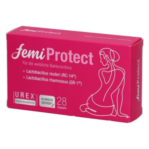 Verpackung von femiProtect in leuchtendem Pink für die weibliche Bakterienflora mit Abbildung einer sitzenden Frau.