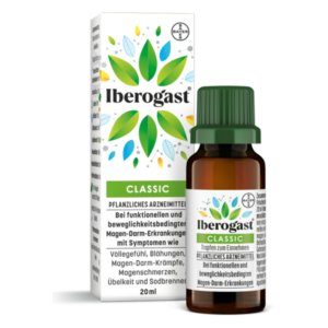 Iberogast Classic, 20 ml Flasche mit grüner Kappe, verpackt in einem Karton mit bunten Blättern und Hinweisen zu Anwendungsgebieten.