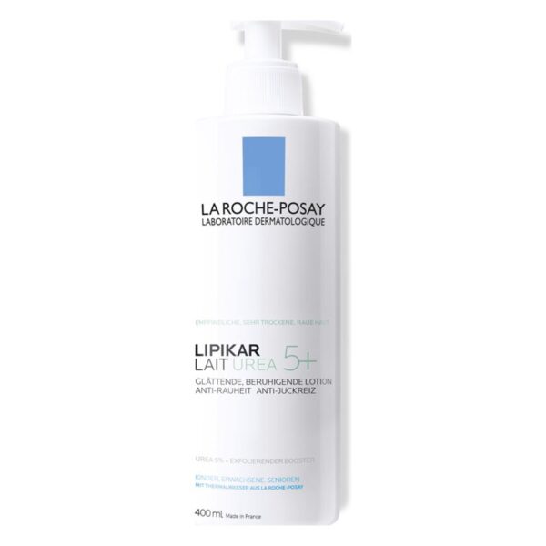 Flasche von La Roche-Posay Lipikar Lait Urea 5+, beruhigende Lotion für trockene Haut mit Pumpverschluss.