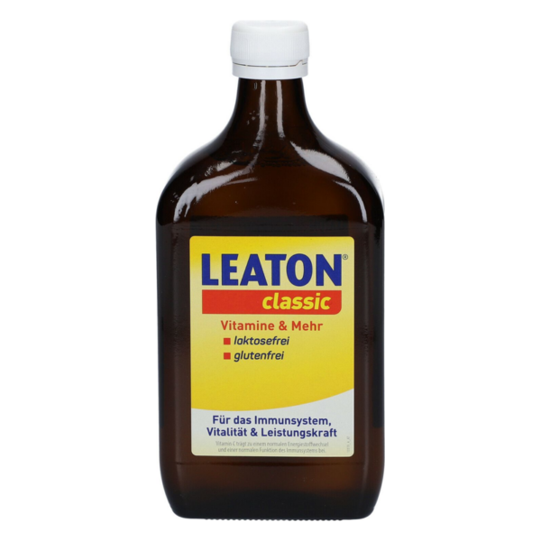 Braune Flasche mit weißem Schraubverschluss, etikettiert mit "LEATON classic", angibt Vitamine, laktose- und glutenfrei.