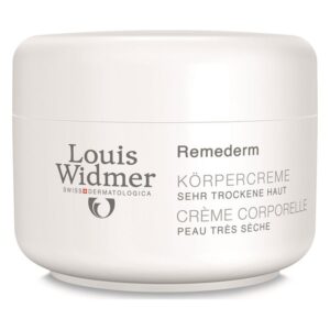 Weißer Tiegel mit Körpercreme von Louis Widmer für sehr trockene Haut, inklusive Produktnamen und Anwendungshinweisen.