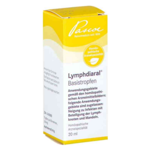 Packung mit homöopathischen Arznei-Tropfen Lymphdiaral, siehe Anwendung bei Infektionen der Lymphknoten und Mandeln.