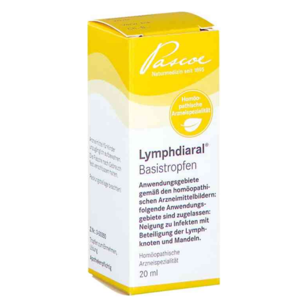Packung mit homöopathischen Arznei-Tropfen Lymphdiaral, siehe Anwendung bei Infektionen der Lymphknoten und Mandeln.