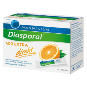 Verpackung von Diasporal 400 Extra Magnesium in einer kastenförmigen Box mit orangener Fruchtgrafik.