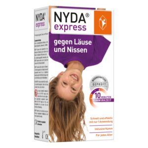 Packung NYDA express gegen Läuse und Nissen, mit Hinweis auf Schnell- und Effektivität sowie Einwirkzeit von 10 Minuten.
