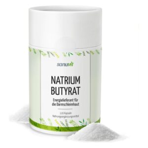 Dose mit Natrium Butyrat, Nahrungsergänzungsmittel für die Darmschleimhaut, mit zwei Portionen Pulver daneben.