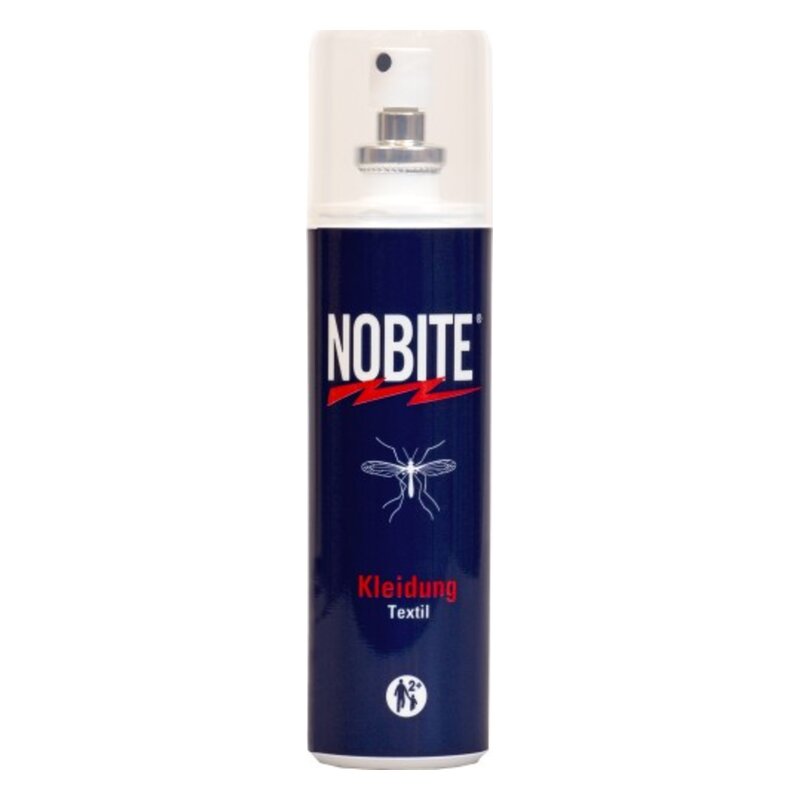 Sprayflasche von NOBITE mit Textil-Mückenschutz, blauer Verpackung und Sprühkopf.