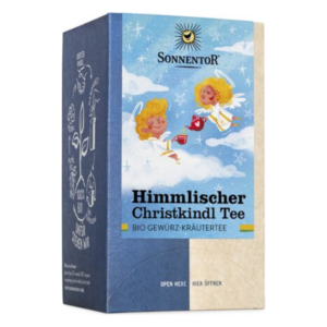 Verpackung des Himmlischen Christkindl Tees von Sonnentor, mit bunten Engeln und winterlichen Motiven.