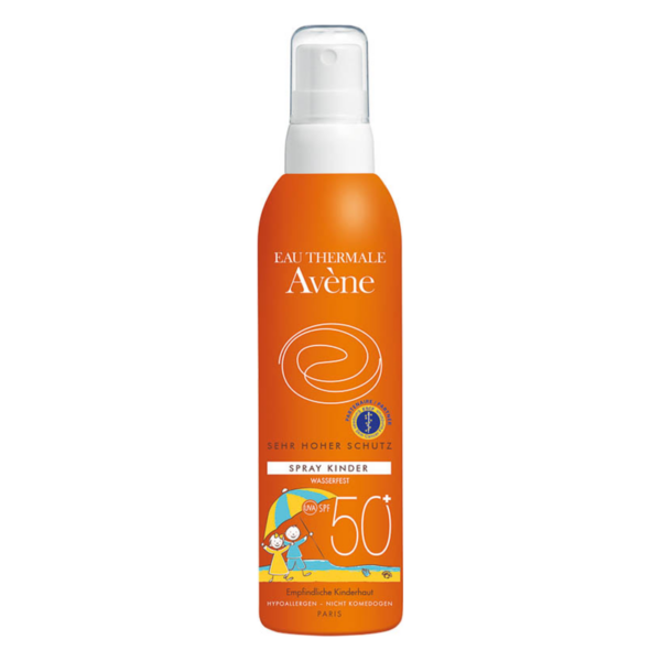 Sonnenschutzspray für Kinder in orangefarbener Flasche mit hohem Lichtschutzfaktor 50+ und wasserfester Formel.