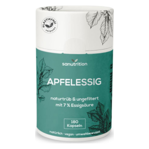 Runde Dose mit Apfelessig-Kapseln, etikettiert mit 7% Essigsäure, plastikfrei und vegan, naturtrüb und ungefiltert.