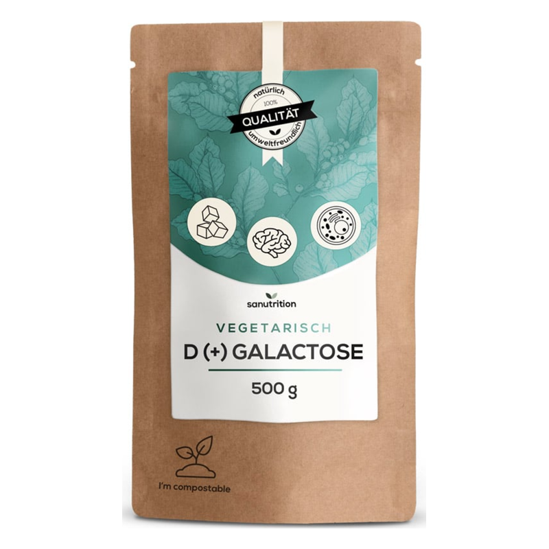 Braune Verpackung mit grünem Etikett für vegetrischen D(+) Galactose, 500 g, umweltfreundlich, mit Qualitätssiegel und Symbolen.