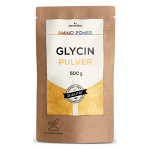 Verpackung von Glycin Pulver in einem braunen, kompostierbaren Beutel mit farbenfrohem Aufdruck.