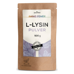 Verpackung von L-Lysin Pulver in einem braunen, kompostierbaren Beutel mit einer Grafik und einem Qualitätssiegel.